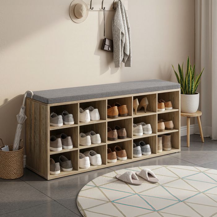 Meuble à chaussures pas cher Banc de Rangement avec Siège Rembourré 15 Compartiments Étagères Réglables pour Salon Couloir