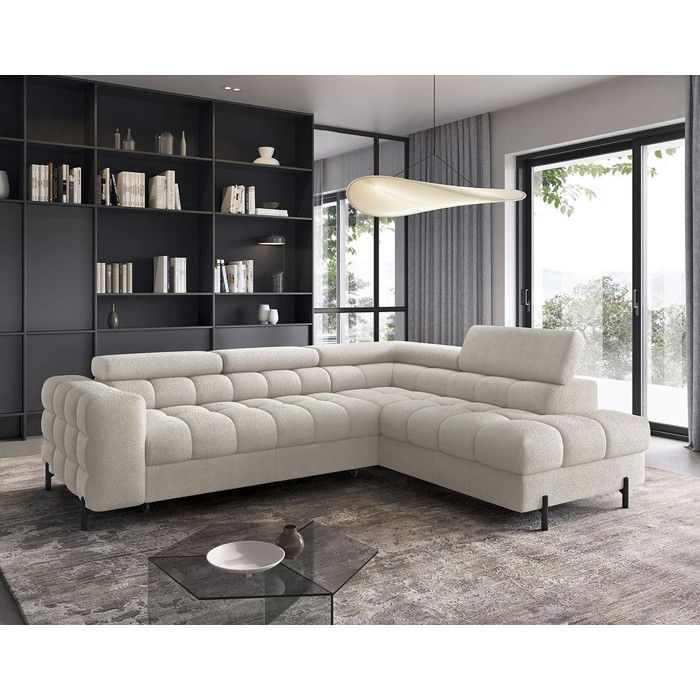Elisa - canapé dangle droit 5 places convertible avec coffre et têtières réglables en tissu bouclette - Beige