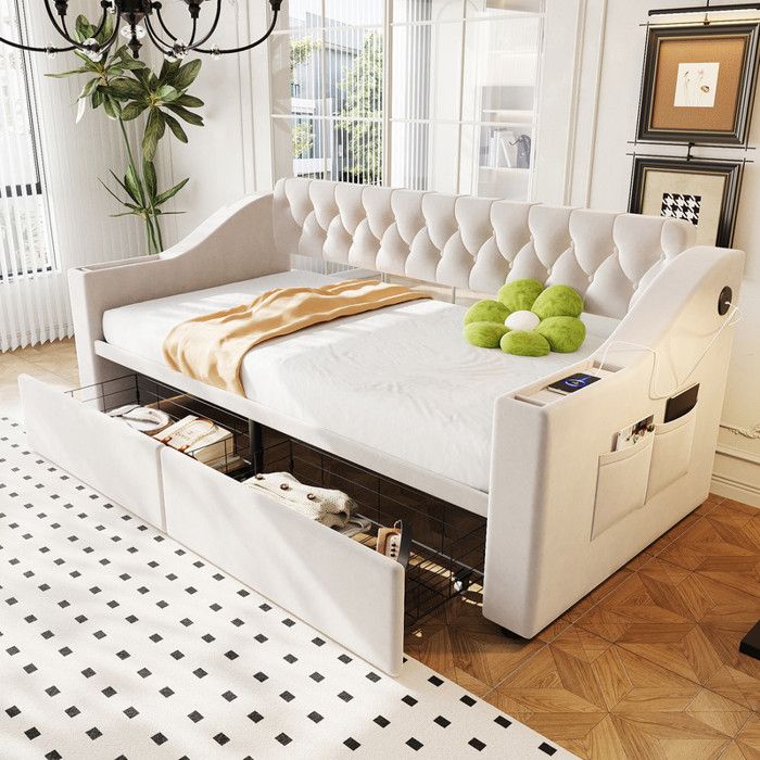 Lit 1 Personne 90x190 cm avec Prise de Recharge USB Cadre de Lit Adulte avec Tiroirs Canapé-Lit Rembourré en Velours Beige