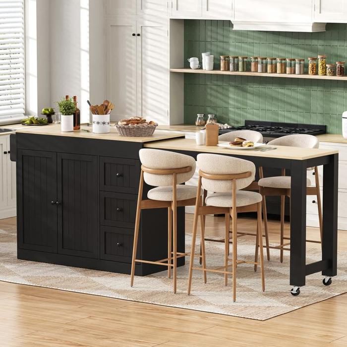 Îlot de cuisine 130x45x93 cm avec roulettes et coin repas extensible Buffet de cuisine avec étagère à épices et tiroirs Noir