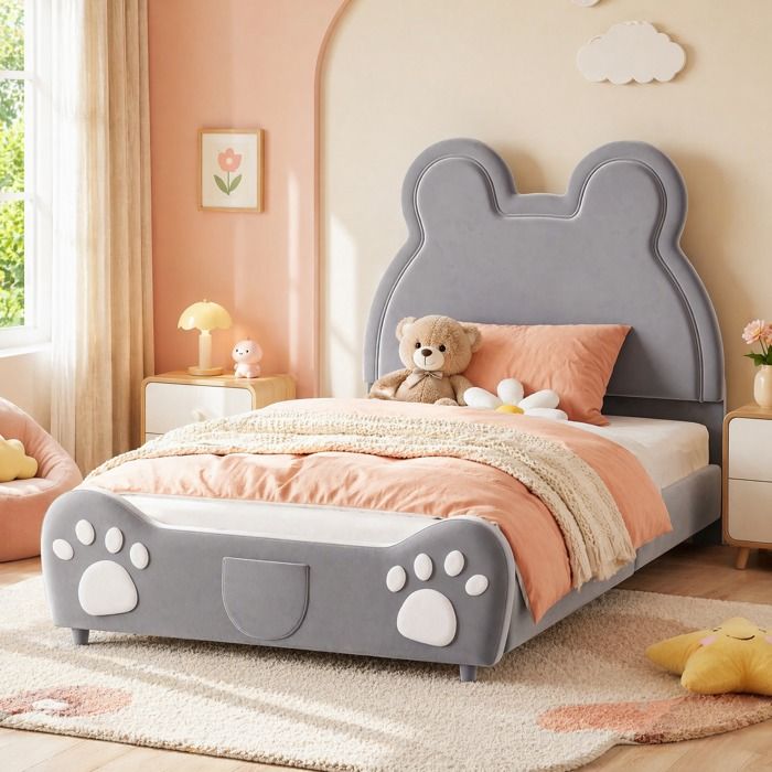 ELVMI Lit Simple Enfant 90x200 cm - Lit Forme dOurs avec Tête Capitonnée - Velours et Métal - Gris - Sans Matelas
