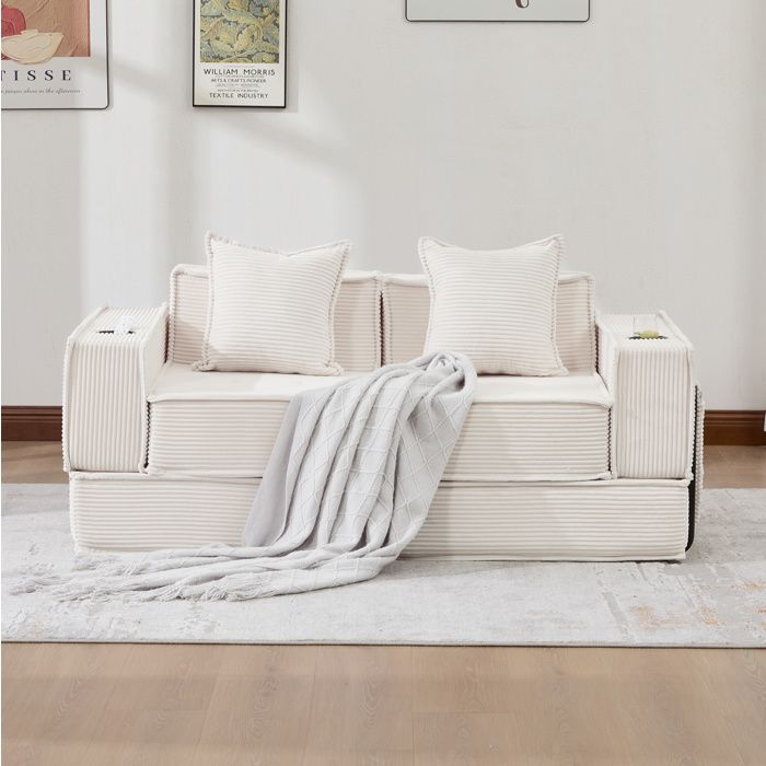 Canapé pouf modulable en velours côtelé beige avec 2 coussins et poches latérales