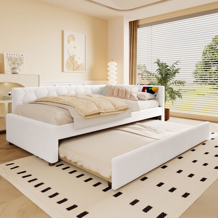 Lit gigogne simple 90 × 200 cm avec USB Type-C et lampe de chevet sans matelas bouclette blanche - UVRION