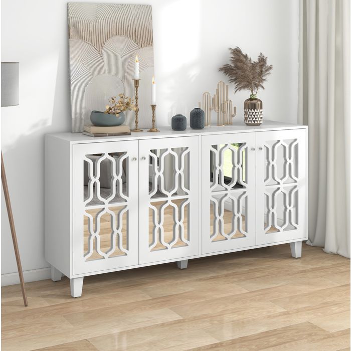 Buffet Bas Blanc à Effet Miroir 4 Portes et 1 Étagère Mobile poignées en cristal pour salon et salle à manger - UVRION