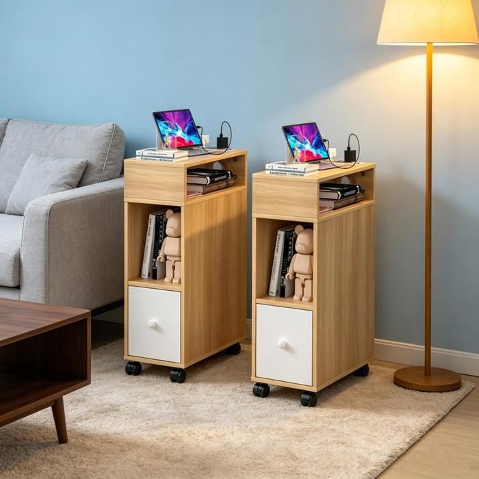 LVHCMFOHM Lot de 2 Table de Chevet sur Roues avec Station de Charge 1 Tiroir+2 Étagères 25x50x77cm Style Scandinave Bois Clair