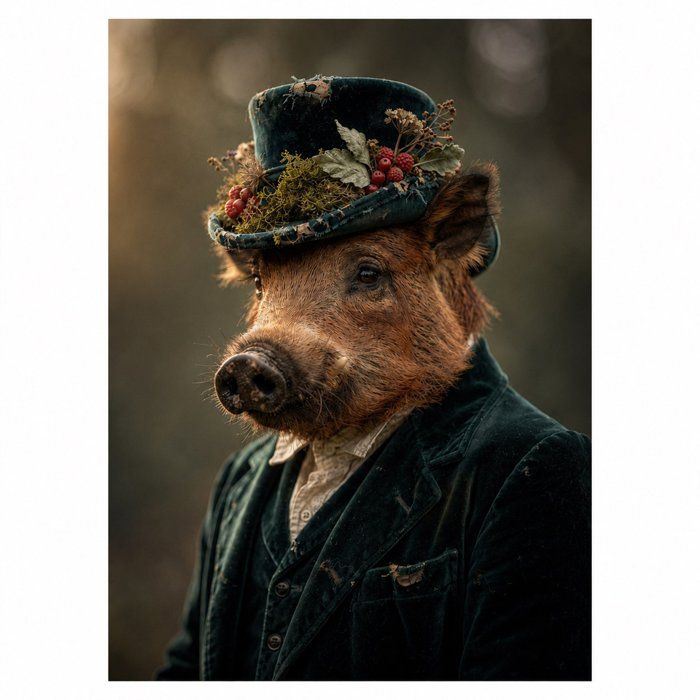 Affiche murale A3 Sanglier en costume et chapeau fleuri - Poster déco salon chambre - Papier mat 230g sans cadre