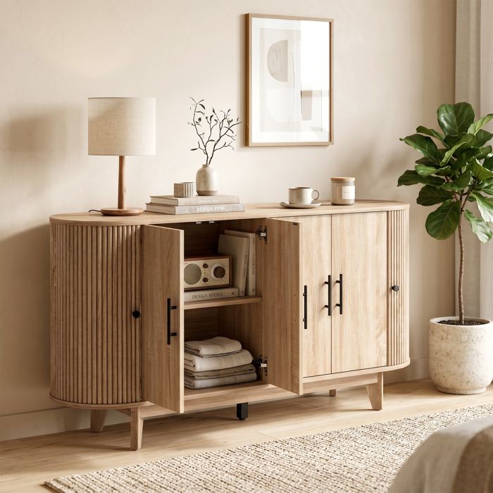 Buffet salon meuble de rangement ovale avec 4 portes et 2 étagères réglables 147x40x76cm chêne