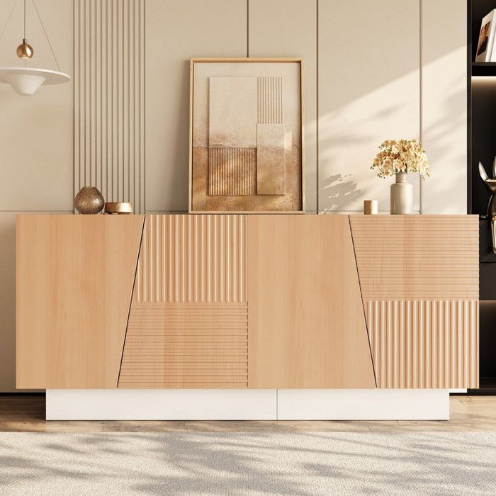 Buffet160x405x72 cmmeuble de salongéométrique rainurée4 portes2 compartiments de rangementétagères réglablesnaturel et blanc