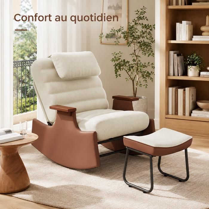 Fauteuil à bascule EZSSW repose-pieds fauteuil allaitement en tissu Velours côtelé dossier réglable 100°-160° accoudoirs