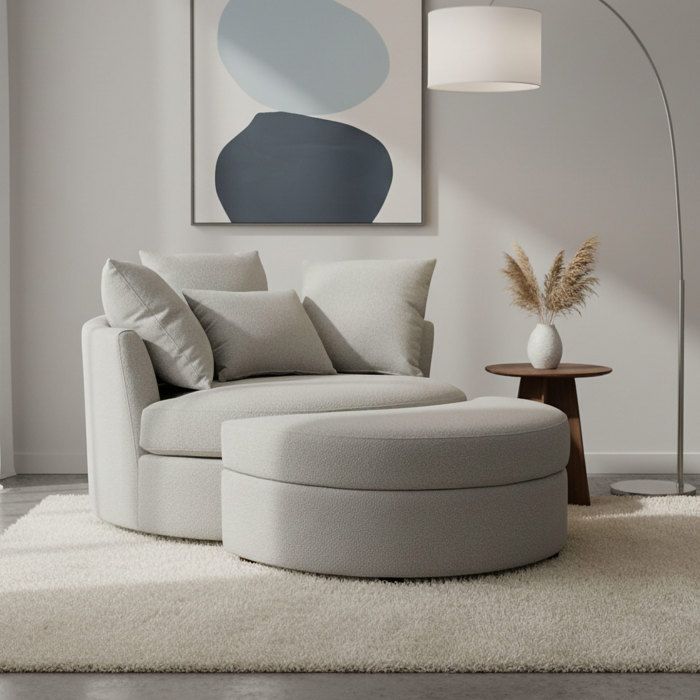 Fauteuil rond loveuse pivotante + coffre en tissu texturé gris