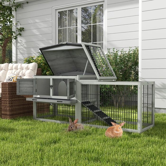 Cage pour petits animaux avec enclos extérieur clapier pour cochons d’Inde gris