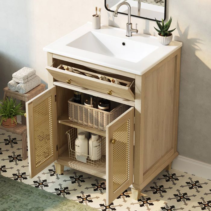 Meuble de Salle de Bain Effet Bois Vasque Céramique Portes Cannage - Meuble Sous Vasque 61 cm