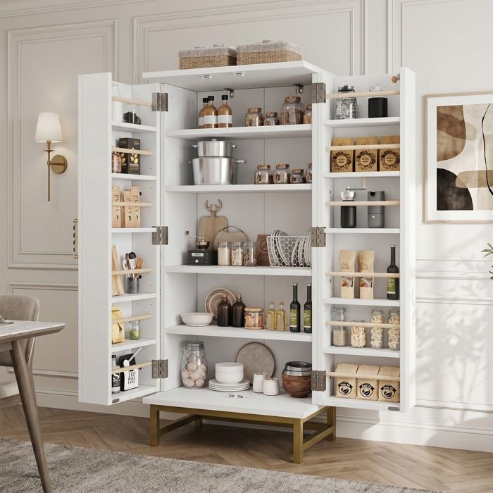 Buffet de cuisine 60×40×130 cm armoires de rangement pour la salle à manger ou le salon avec étagères réglables blanc et or