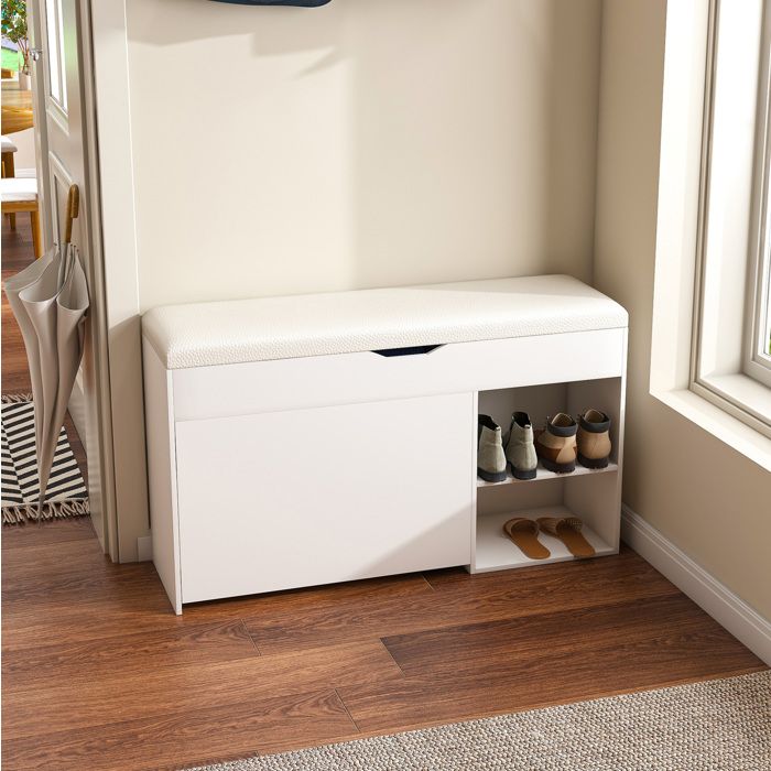 MEULVA Banc à chaussures 100 x 30 x 52 cm avec coffre relevable assise rembourrée rangement rotatif blanc MDF