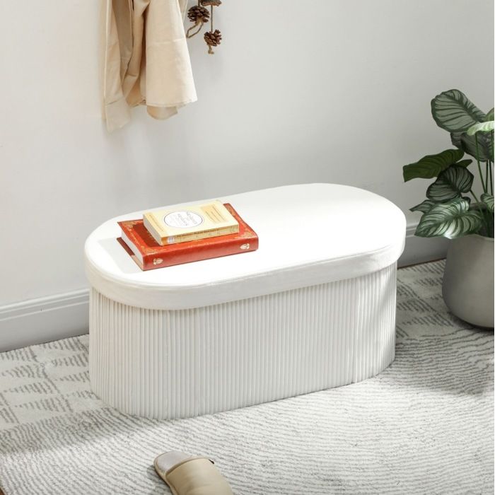 Banquette coffre de rangement pliable en velours blanc cassé 76 x 38 x 35 cm