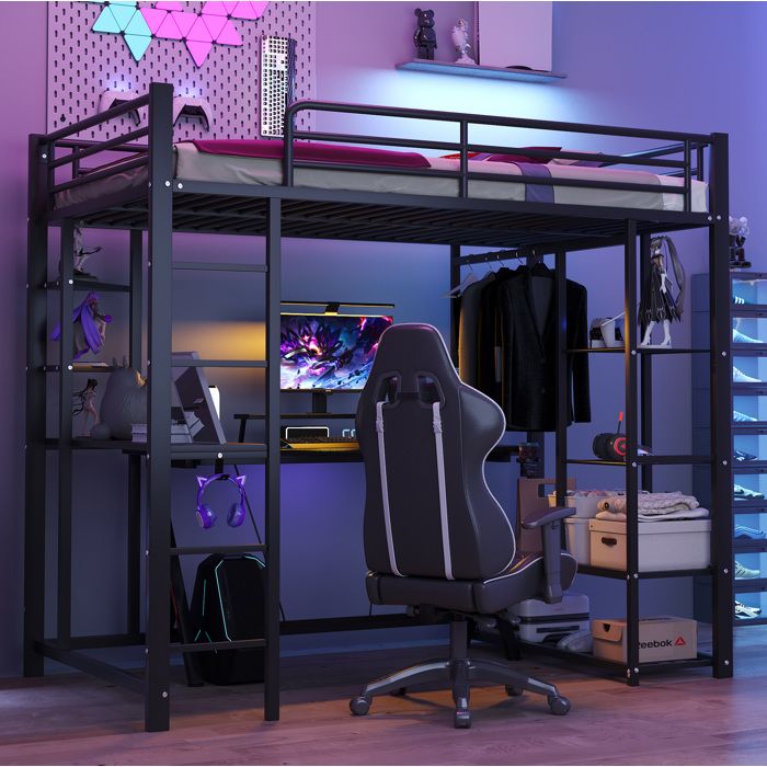 Lit mezzanine 90 x 200 cm en métal noir avec bureau échelle penderie et étagères