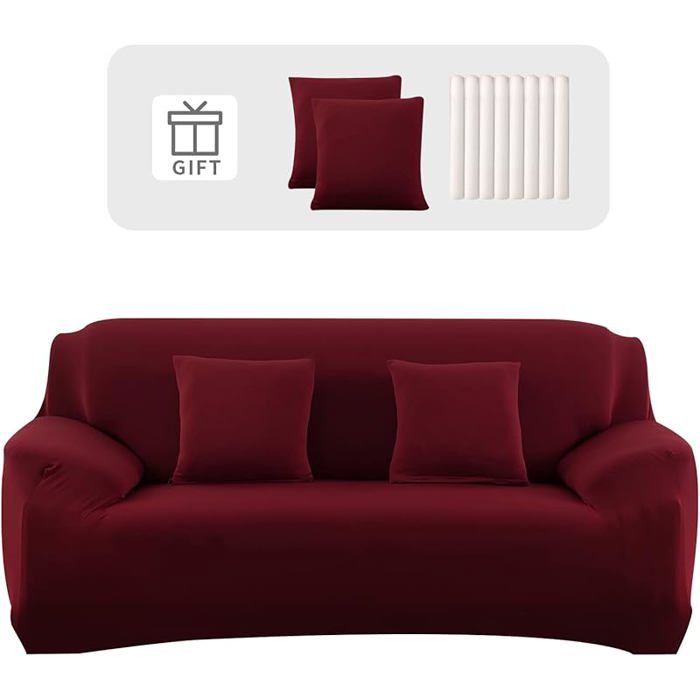 Housse canapé 3pièces bordeaux extensible accoudoir 2taies