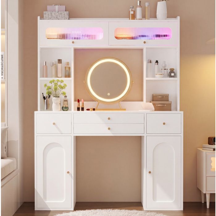 WOVREO Coiffeuse LED 120 x 40 x 160 cm avec miroir rond 4 tiroirs 4 étagères ouvertes blanc