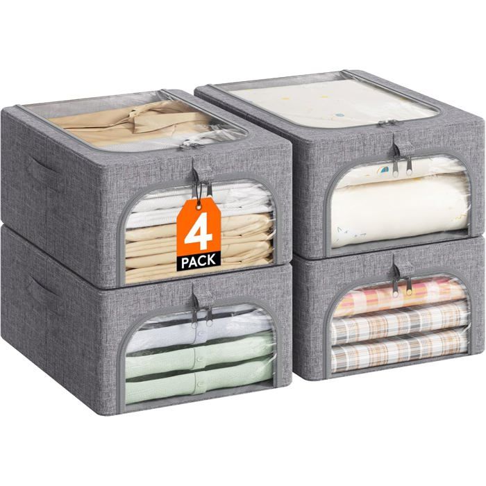 Boîte de rangement pliable - Lot de 4 - 25 L par boîte - Dimensions 32x42x18 cm - Fenêtre transparente en PVC
