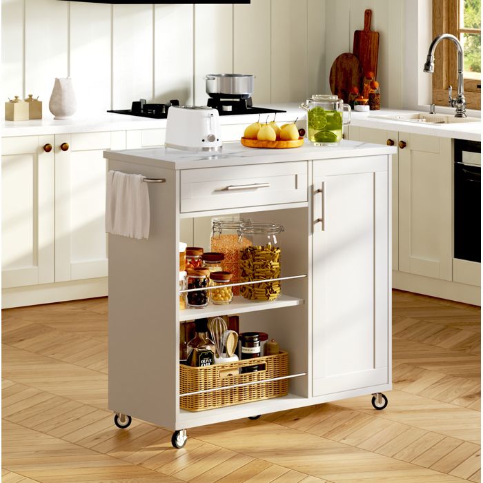 Meuble de cuisine roulant desserte avec plateau aspect marbre 1 tiroir placard et étagères blanc 90x40x90 cm Grjofek