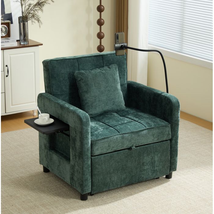 ROVRYN fauteuil convertible 2 en 1 chenille verte dossier reglable 5 positions avec tablette et rangement