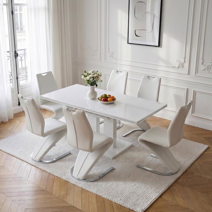JIEXI Ensemble de table à manger extensible avec 6 chaises beige à pied en Z table de cuisine blanche (140-180 cm)