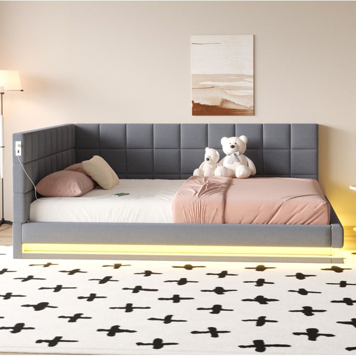 Lit banquette capitonné – 160 x 200 cm – gris – LED intégrée USB et sommier à lattes