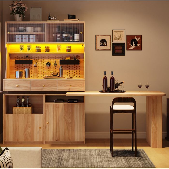 WUVRIE Vitrine haute avec bureau intégré et fonction bar LED par application MDF et verre naturel