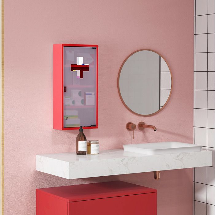 Armoire à Pharmacie Murale avec Serrure et Porte en Verre Satiné - BEAUNIV - pour Maison et Bureau Rouge 30×12×60 cm