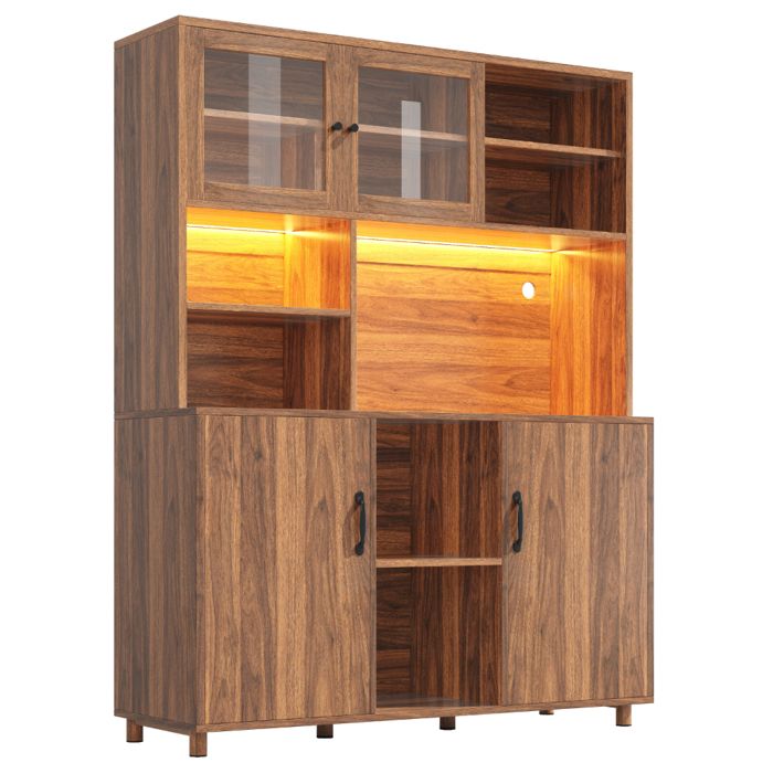 Buffet de cuisine haut 140 x 40 x 185 cm avec LED et rangements style rétro noyer