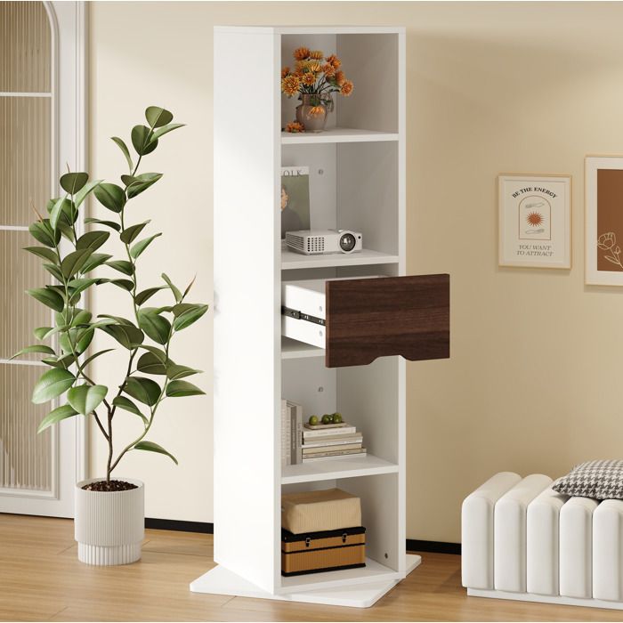 COVREO Armoire de rangement pivotante 45 x 45 x 168 cm miroir pleine hauteur 4 niches tiroir MDF blanc
