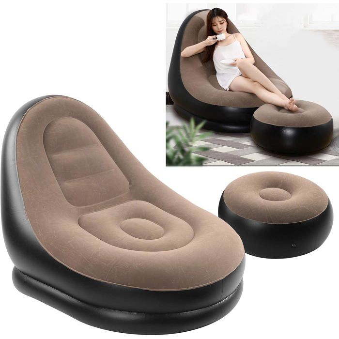 Canapé Gonflable Compressible avec Pouf Rond Marron et Pompe à Pied Sofa Flocage Confortable Extérieur