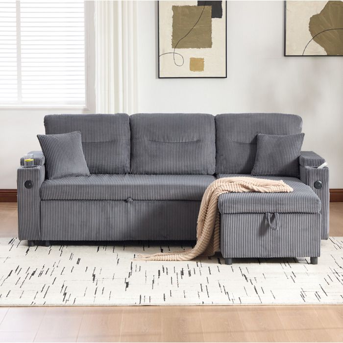 Canapé d’angle modulable convertible 3 places EVRYAE 212 5 cm lit gigogne rangements USB-C gris carbone