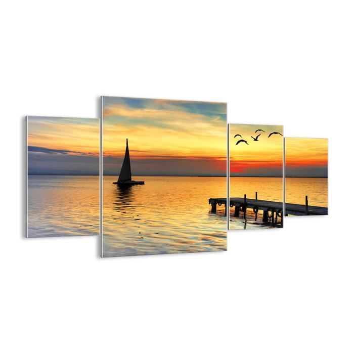 Tableau Décoratif Sur Verre 100x40cm – Impression Lac Bateau Coucher De Soleil – Déco Murale Moderne Salon Chambre - 4