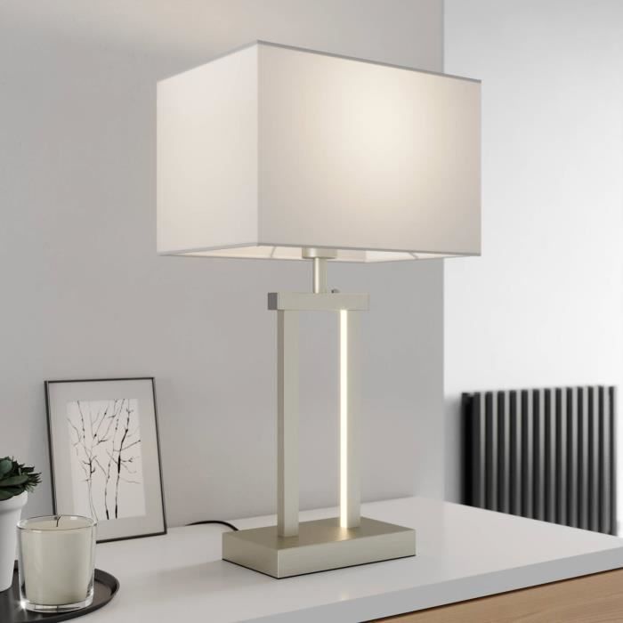 Lampe à poser - Lindby - Modèle contemporain - Tissu et métal - Blanc et nickel satiné - 1 ampoule E27 Lampe à poser - Lindby - Modèle contemporain - Tissu et métal - Blanc et nickel satiné - 1 ampoule E27