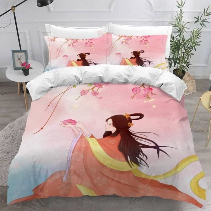 Housse De Couette Manga Fille 220x240 Cm - Parure De Lit 2 Personnes Avec 2 Taies 65x65 Cm - Microfibre Douce, Fermeture éclair - Décoration Chambre Adolescente