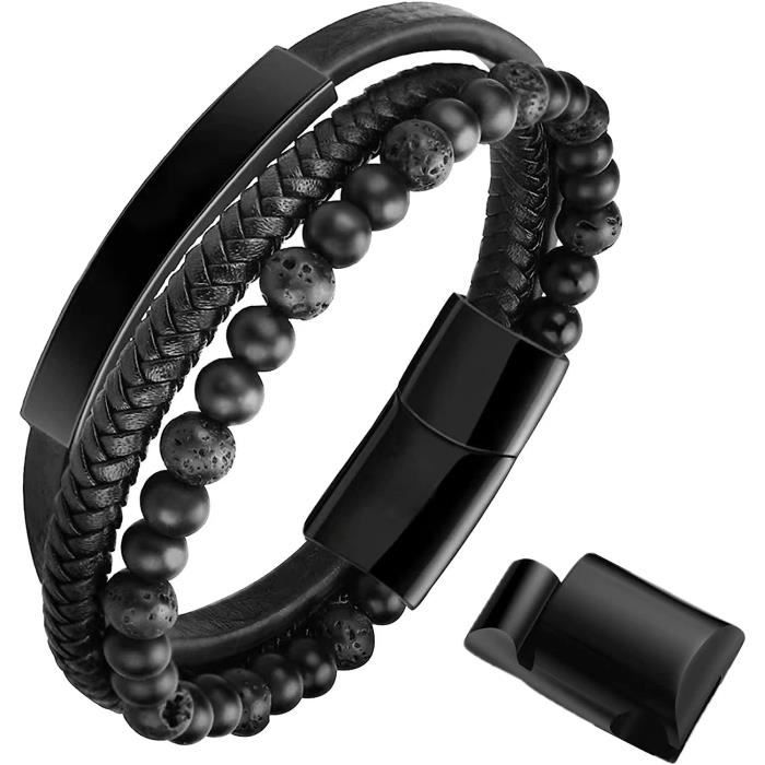 Bracelet Homme En Cuir & Pierre Naturelle - Style Tressé, Cadeau Idéal !