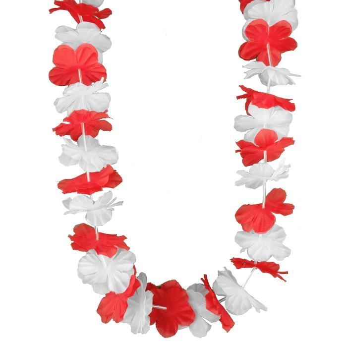 Lot de 60 collier hawaien HK-10 Hawaïen rouge blanc textile Hawaï hawaii fleur ambiance tropique déguisement soirée hawaienne accessoire décoration fête beach party été plage printemps accessoire femme h 
