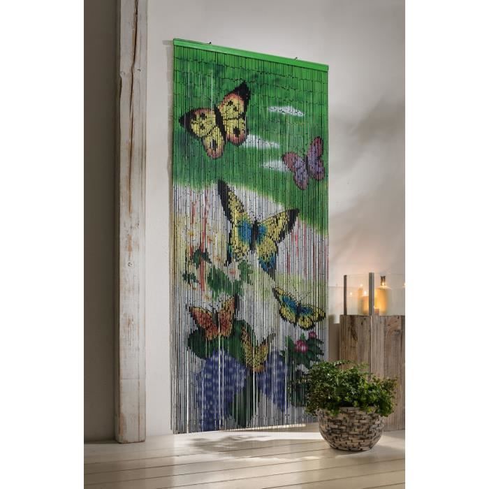 Rideau En Bambou Wenko Motif Chat Et Papillon - Décoratif Pour Porte 90x200 Cm, Brise-vue, Protection Insectes, Intérieur/extérieur