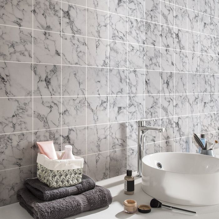 Carrelage Adhesif Mural Salle De Bain VEELIKE Lot De 24 Autocollants De Sol En Vinyle Pour Carrelage - Marbre Blanc - En PVC - Pour Dalle Garage
