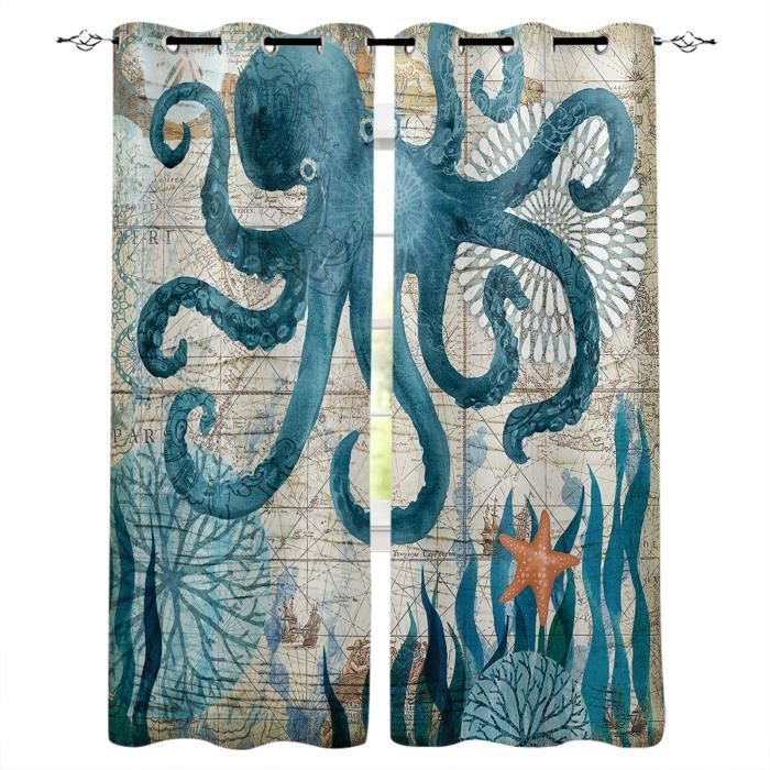 Rideaux Enfant Thème Mer (Baleine, Dauphin) - Lot De 2 - 117x183cm - Polyester Avec Œillets - 7
