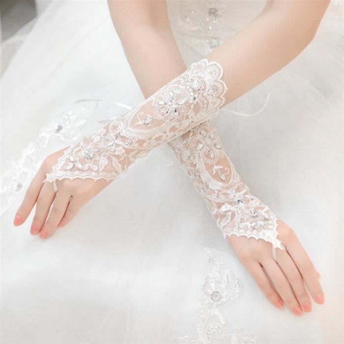 BLANC - Gants Blancs Courts en Dentelle et Strass pour Femme