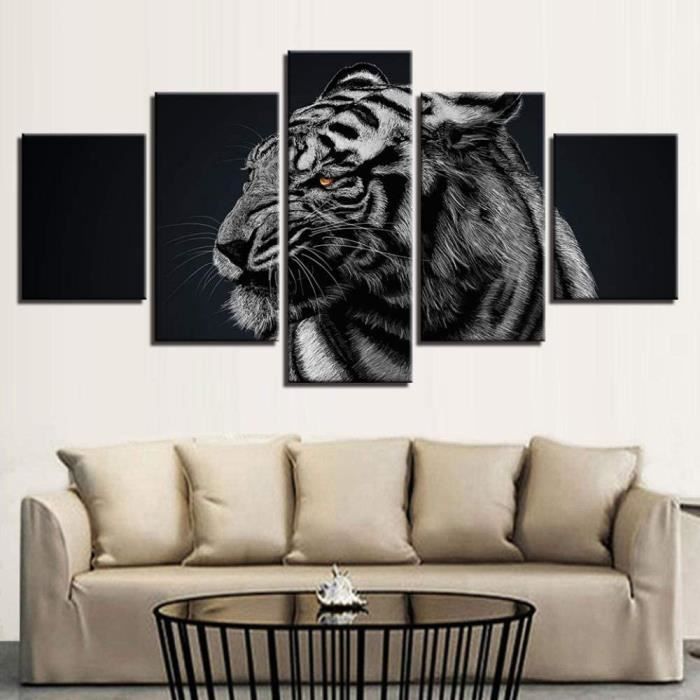 Toile Tigre - Abstrait - Blanc - Decoration Murale - 80x120 Cm - Tableaux De Salon - Deco Chambre - Peinture