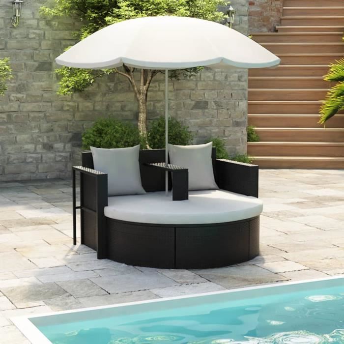 BETTEVE Lit de jardin avec parasol Noir Résine tressée
