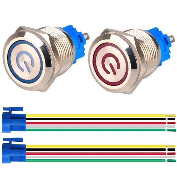 Interrupteur Bouton-Poussoir 22mm Gebildet - 12V-24V/5A, Étanche IP65, LED Bleue