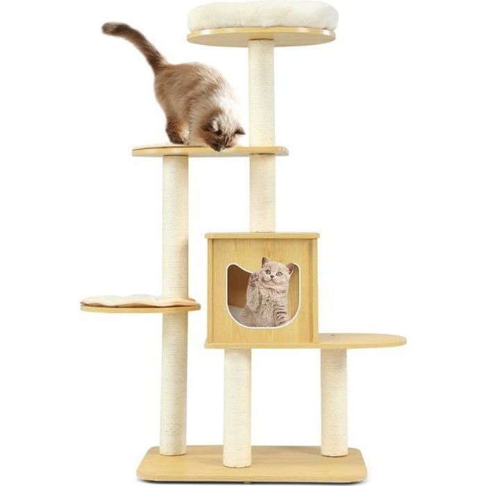 Costway Arbre A Chat En Bois 135 Cm A 4 Niveaux Avec Perchoir En Peluche Poteaux A Gratter Et Tapis Amovibles Pour Chatons Cdiscount Animalerie
