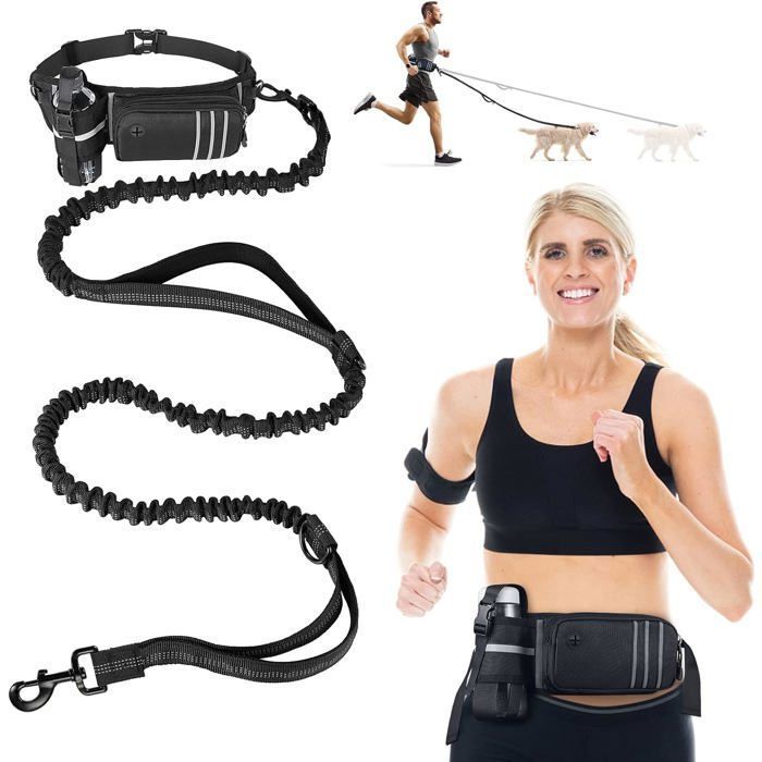 Meilleurs prix pour Laisse pour Chien Mains Libres avec Sac de Ceinture, 140-200 cm Laisse Chien de Course, Ceinture Réglable - Noir