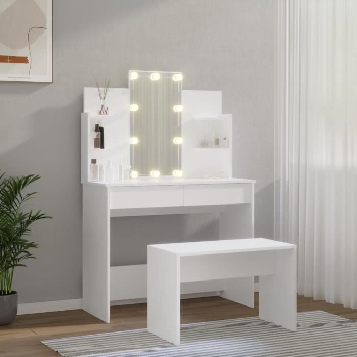 Coiffeuse Moderne Blanche Et Or Avec Miroir LED, Tiroirs Et Tabouret - Espacieux, Peu Encombrant Pour Chambre