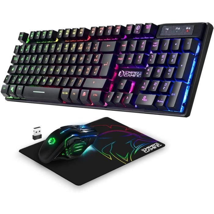 Empire Gaming - Armor RF800 Pack 3 en 1 Clavier Souris sans Fil 2.4 GHz Gamer RGB avec Tapis de Souris -Clavier Gaming AZERTY