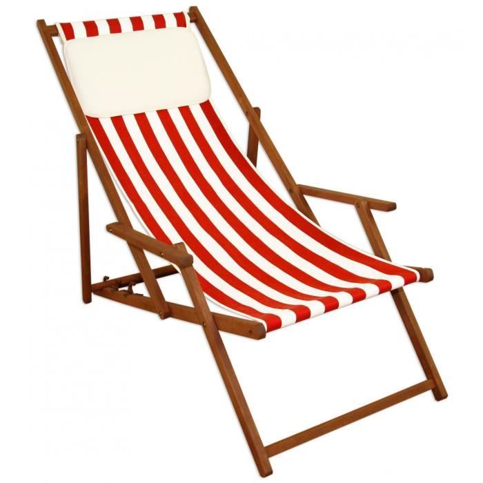 chaise longue - erst-holz - 10-314kh - pliant - rayures rouge et blanc - accoudoirs et oreiller